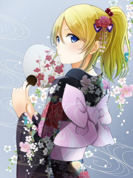 Anime picture 752x1005 with love live! school idol project sunrise (studio) love live! ayase eli kentaurosu single long hair tall image blue eyes blonde hair ponytail traditional clothes japanese clothes looking back hair flower floral print girl hair ornament flower (flowers) kimono