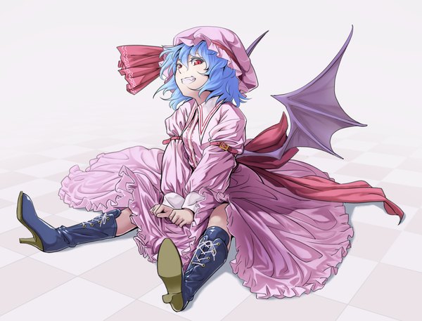 Anime picture 1172x893 with touhou remilia scarlet tkln single looking at viewer short hair simple background smile red eyes sitting blue hair checkered floor floor girl dress wings boots bonnet