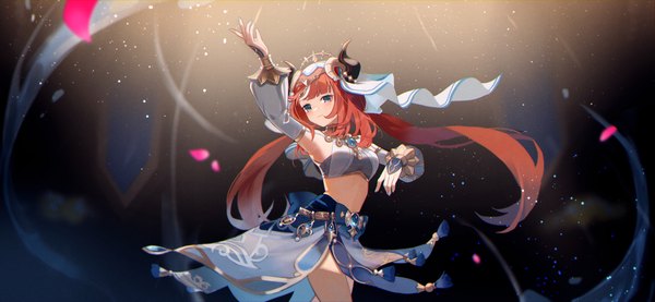Anime picture 2256x1043 with genshin impact nilou (genshin impact) kino (m6t2a) single long hair highres blue eyes wide image twintails red hair horn (horns) midriff low twintails dancing dancer girl detached sleeves petals veil