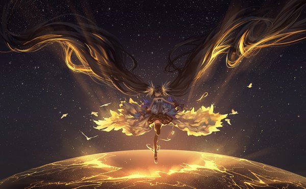 Anime picture 1400x867 with 7th dragon 7th dragon 2020 vocaloid hatsune miku hanyijie single wide image twintails bare shoulders eyes closed very long hair zettai ryouiki light space girl thighhighs dress hair ornament ribbon (ribbons) animal