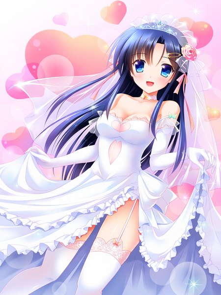 Anime picture 1125x1500 with original bashen chenyue single long hair tall image blush open mouth blue eyes light erotic blue hair girl thighhighs dress gloves white thighhighs elbow gloves white gloves heart wedding dress wedding veil