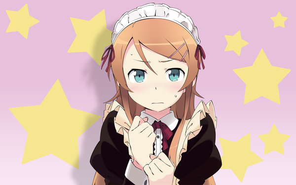 Anime picture 2560x1600 with ore no imouto ga konna ni kawaii wake ga nai kousaka kirino single long hair highres brown hair wide image green eyes maid sweat sweatdrop vector girl hair ornament bow ribbon (ribbons) headdress star (symbol) maid headdress apron