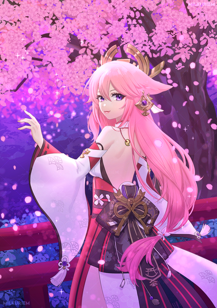 Anime picture 2480x3508 with genshin impact yae miko milkuriem single long hair tall image looking at viewer fringe highres breasts smile hair between eyes standing purple eyes signed animal ears pink hair traditional clothes japanese clothes looking back