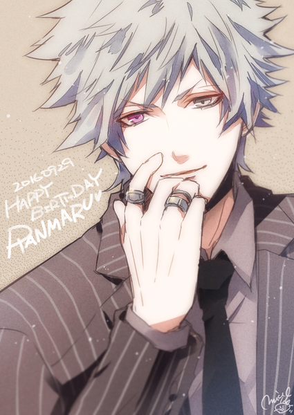 Anime picture 700x989 with uta no prince-sama a-1 pictures kurosaki ranmaru nagisa-a single tall image looking at viewer short hair grey hair character names heterochromia dated portrait hand to mouth happy birthday boy necktie ring
