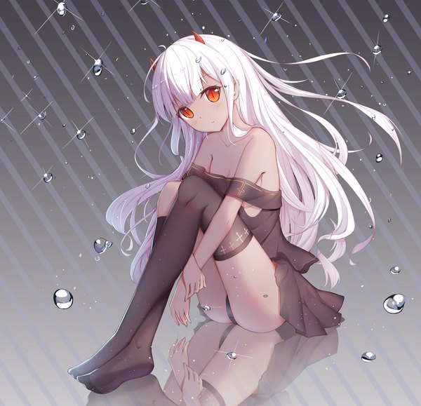 Anime picture 2000x1930 with original niharu single long hair looking at viewer blush fringe highres light erotic red eyes bare shoulders full body white hair pleated skirt horn (horns) sparkle pantyshot no shoes reflection pantyshot sitting