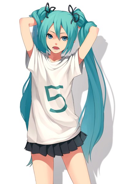 Anime picture 1000x1568 with vocaloid hatsune miku fkey single long hair tall image looking at viewer open mouth blue eyes simple background standing white background twintails pleated skirt aqua hair shadow arms behind head girl skirt miniskirt
