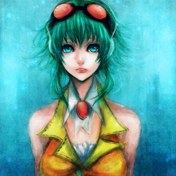 Anime picture 1000x1000 with vocaloid gumi sasaki ryou single looking at viewer short hair bare shoulders green eyes green hair lips blue background sunglasses on head girl sunglasses