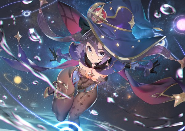 Anime picture 2125x1500 with genshin impact mona megistus teddy (khanshin) single long hair looking at viewer fringe highres blue eyes light erotic hair between eyes twintails purple hair sparkle space girl hat star (stars) bodysuit witch hat