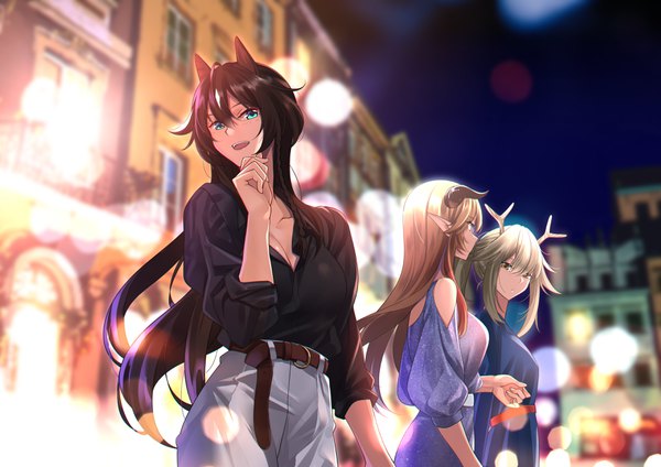 Anime picture 3507x2480 with arknights meteor (arknights) meteorite (arknights) firewatch (arknights) shijie jianfa long hair looking at viewer blush fringe highres breasts open mouth black hair smile hair between eyes brown hair standing multiple girls animal ears payot