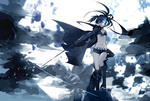 Anime picture 2264x1536 with black rock shooter black rock shooter (character) takka (aegis9294) single long hair looking at viewer highres blue eyes black hair twintails cloud (clouds) wind midriff glowing glowing eye (eyes) girl navel weapon sword shorts