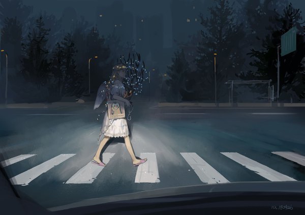 Anime picture 1403x992 with original hjl single long hair blush blonde hair signed looking away full body profile off shoulder night bare legs light wavy hair angel wings walking crosswalk car interior girl