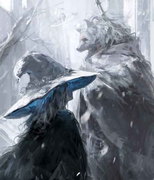 Anime picture 1500x1748 with elden ring ranni the witch blaidd the half-wolf dino (dinoartforame) long hair tall image standing grey hair from behind snowing snow girl boy hat witch hat furry