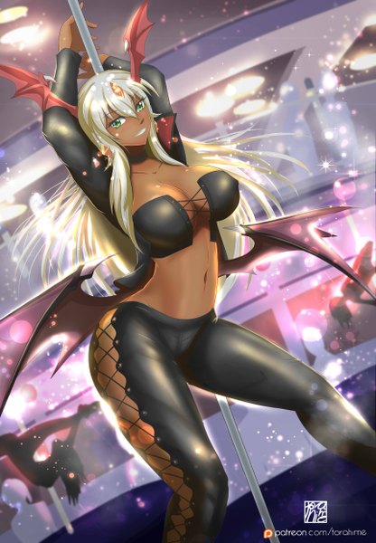Anime picture 3444x4960 with original torahime (roland00) single long hair tall image looking at viewer fringe highres breasts light erotic large breasts green eyes absurdres white hair bare belly midriff dark skin head wings girl navel