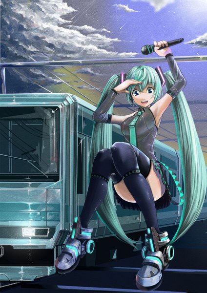 Anime picture 1000x1414 with vocaloid hatsune miku koruse tall image open mouth twintails very long hair aqua eyes aqua hair girl thighhighs skirt black thighhighs detached sleeves miniskirt shoes microphone train