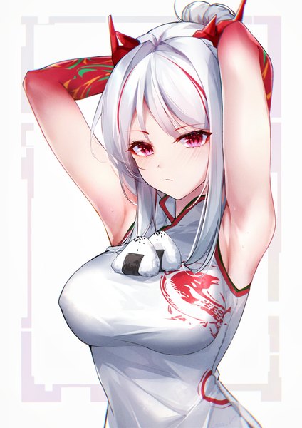 Anime picture 1240x1754 with arknights nian (arknights) nian (unfettered freedom) (arknights) leria v single long hair tall image looking at viewer blush fringe breasts simple background red eyes payot silver hair upper body traditional clothes multicolored hair arms up two-tone hair