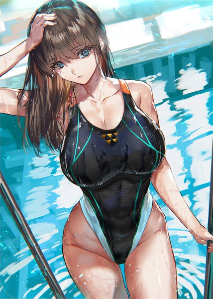 Anime picture 1141x1600 with original ranou single long hair tall image looking at viewer fringe breasts blue eyes light erotic hair between eyes brown hair large breasts standing holding cleavage parted lips arm up from above wet