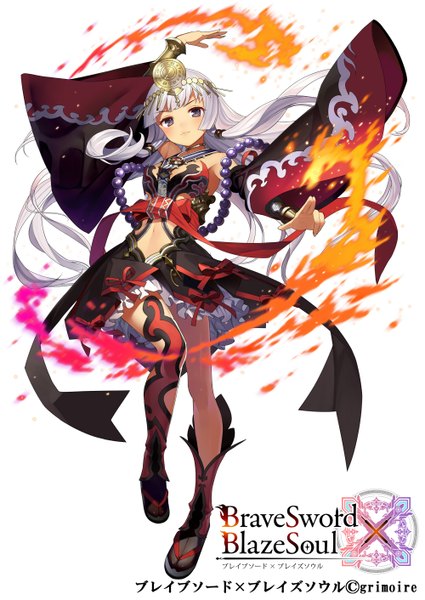 Anime picture 1000x1411 with brave sword x blaze soul gaou (umaiyo puyoman) single long hair tall image looking at viewer fringe simple background smile standing white background twintails purple eyes bare shoulders bent knee (knees) white hair long sleeves arm up wide sleeves copyright name