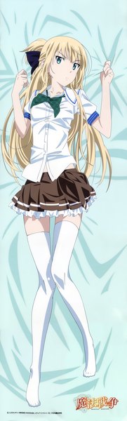 Anime picture 2247x7417 with mahou sensou madhouse isoshima kurumi single long hair tall image looking at viewer highres blue eyes blonde hair full body dakimakura (medium) girl thighhighs uniform school uniform white thighhighs