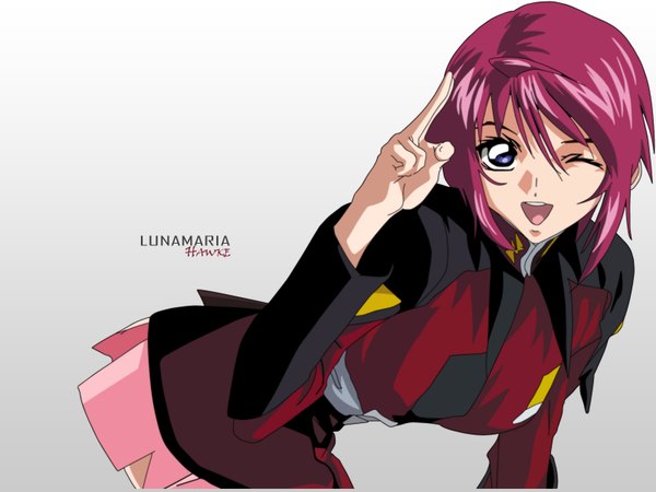 Anime picture 1600x1200 with mobile suit gundam gundam seed destiny sunrise (studio) lunamaria hawke single looking at viewer short hair open mouth blue eyes simple background pink hair one eye closed wink grey background character names salute girl uniform military uniform