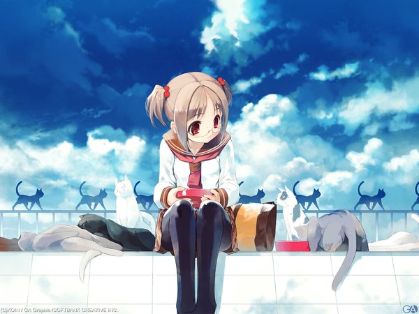 Anime picture 1024x768 with gagraphic koin (foxmark) single short hair blonde hair red eyes sitting twintails looking away sky cloud (clouds) short twintails soft beauty girl uniform hair ornament pantyhose glasses serafuku black pantyhose
