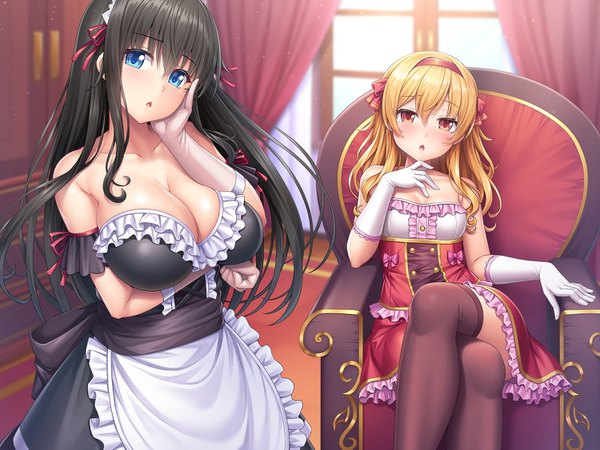 Anime picture 1500x1125 with tagme (copyright) lambda (kusowarota) long hair looking at viewer blush fringe breasts open mouth blue eyes light erotic black hair blonde hair hair between eyes red eyes large breasts standing sitting bare shoulders multiple girls payot