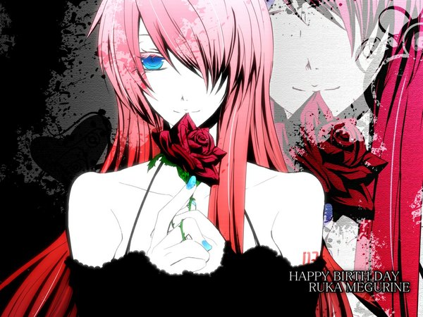Anime picture 1024x768 with vocaloid megurine luka akatsuki yakyou single long hair fringe blue eyes bare shoulders pink hair nail polish hair over one eye zoom layer girl dress flower (flowers) rose (roses)