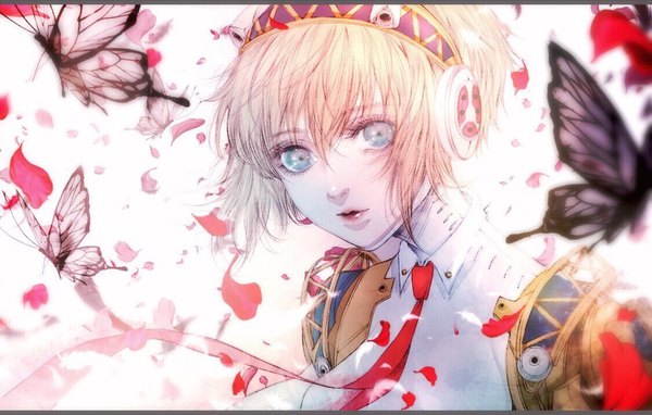 Anime picture 1125x718 with persona 3 persona aegis kuroe (pixiv5268156) single looking at viewer fringe short hair blue eyes blonde hair hair between eyes upper body letterboxed girl petals necktie headphones insect butterfly android