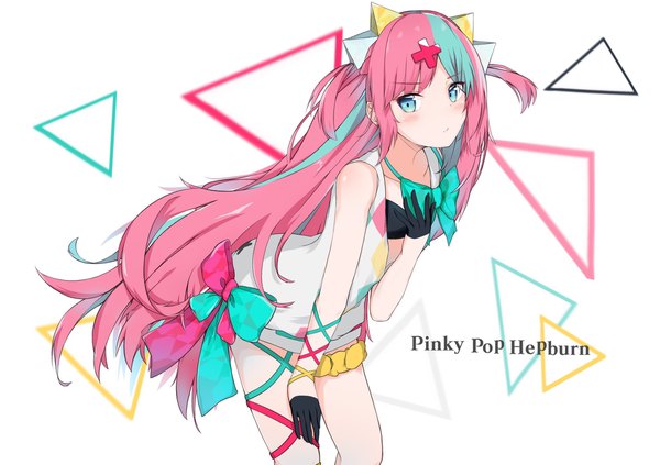 Anime picture 2048x1446 with virtual youtuber the moon studio pinky pop hepburn ten 00511 single long hair looking at viewer blush fringe highres blue eyes simple background white background pink hair multicolored hair two-tone hair leaning two side up leaning forward character names