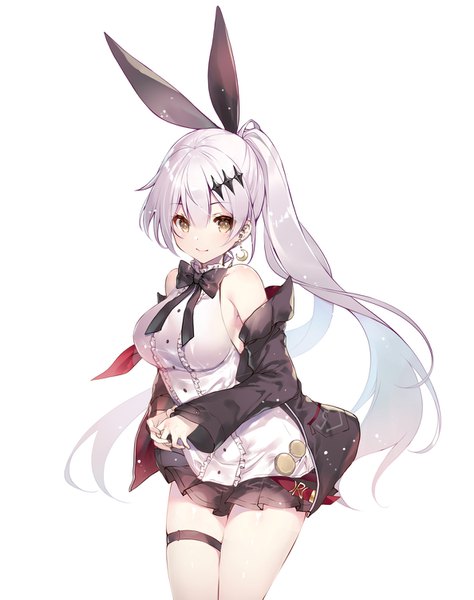 Anime picture 1187x1500 with girls frontline five-seven (girls frontline) miwabe sakura single long hair tall image looking at viewer blush fringe breasts simple background smile hair between eyes standing white background bare shoulders yellow eyes silver hair ponytail pleated skirt