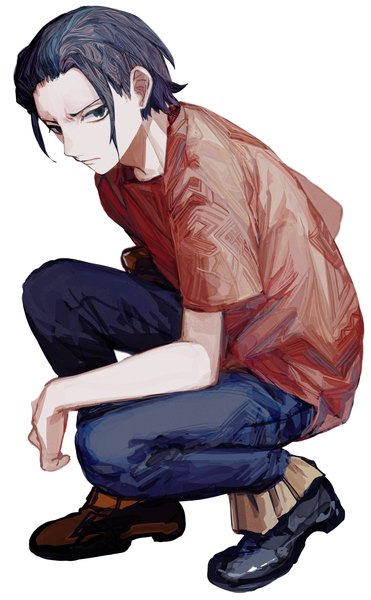 Anime picture 2365x3825 with one piece toei animation sir crocodile yadu nadu single tall image looking at viewer highres short hair black hair simple background white background full body black eyes squat alternate age younger boy t-shirt