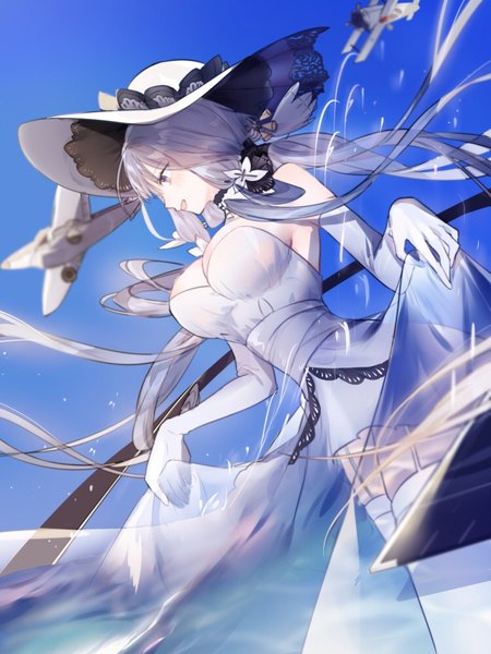 Anime picture 750x1000 with azur lane illustrious (azur lane) you you single long hair tall image fringe breasts open mouth hair between eyes large breasts standing bare shoulders holding looking away sky outdoors profile wind grey hair
