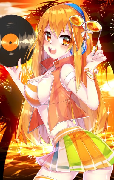 Anime picture 1400x2200 with beatmania beatmania iidx umegiri iroha motsuni (lxxe1120) single long hair tall image looking at viewer blush breasts open mouth light erotic large breasts standing holding pleated skirt orange hair sparkle orange eyes sideboob