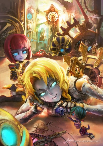 Anime picture 1200x1697 with league of legends orianna (league of legends) phantom (ptcrow) single tall image fringe short hair blue eyes blonde hair red hair green hair light smile hair over one eye mechanical girl doll (dolls)