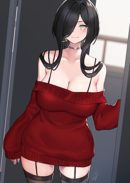 Anime picture 1101x1545 with original hayabusa single long hair tall image looking at viewer blush fringe breasts light erotic black hair smile large breasts standing bare shoulders cleavage long sleeves nail polish fingernails hair over one eye