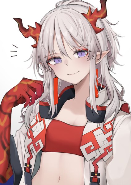 Anime picture 2894x4093 with arknights nian (arknights) hyakutarou (momotar0 4) single long hair tall image looking at viewer highres simple background smile white background purple eyes silver hair upper body horn (horns) pointy ears girl crop top