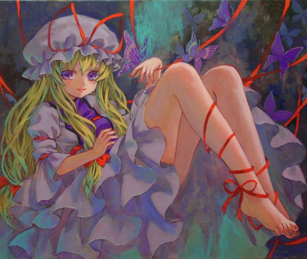 Anime picture 3072x2595 with touhou yakumo yukari ama-tou single long hair highres blonde hair smile purple eyes absurdres nail polish barefoot red nail polish toenail polish girl dress ribbon (ribbons) insect butterfly bonnet