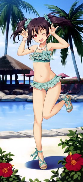 Anime picture 2130x4650 with love live! school idol project sunrise (studio) love live! yazawa nico inou shin single long hair tall image blush highres open mouth light erotic black hair red eyes twintails full body one eye closed wink mmm girl