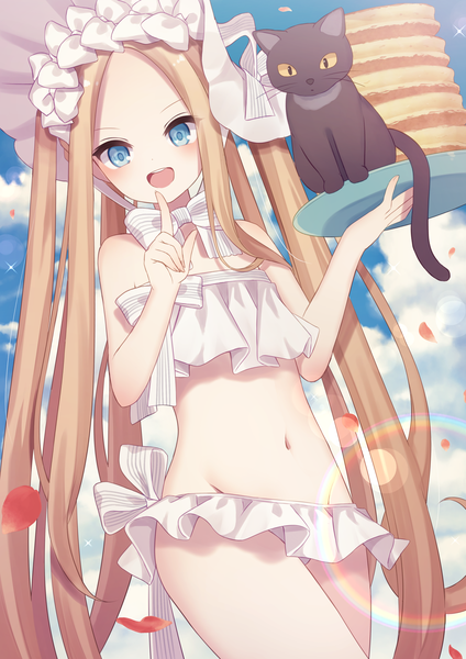 Anime picture 2822x3994 with fate (series) fate/grand order abigail williams (fate) abigail williams (swimsuit foreigner) (fate) sapphire (sapphire25252) single tall image highres open mouth blue eyes light erotic blonde hair holding sky cloud (clouds) very long hair :d lens flare groin finger to mouth