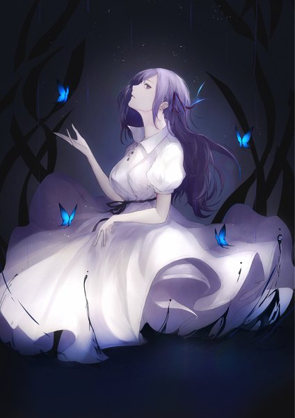 Anime picture 1562x2208 with fate (series) fate/stay night matou sakura marumoru single long hair tall image looking at viewer fringe breasts purple eyes purple hair profile short sleeves puffy sleeves floating hair dark background girl dress ribbon (ribbons)