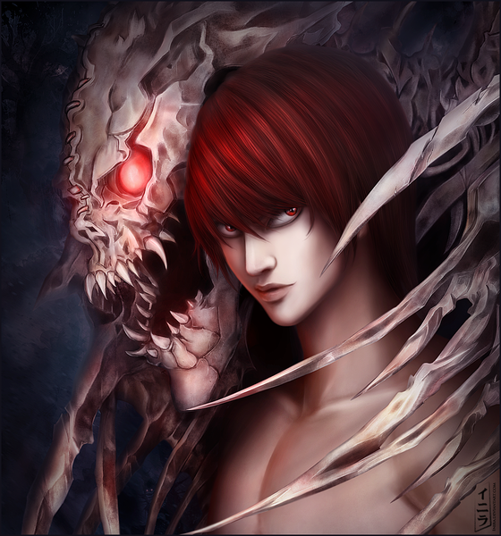 Anime picture 1120x1200 with death note madhouse yagami light inira single tall image short hair open mouth red eyes red hair lips realistic teeth muscle sharp teeth demon skeleton boy