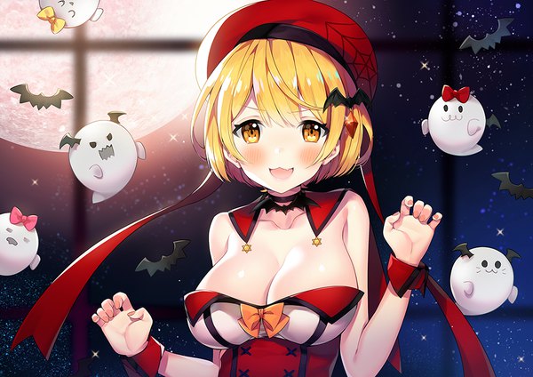 Anime picture 1000x707 with virtual youtuber hololive yozora mel ayami (annahibi) single looking at viewer blush fringe short hair breasts open mouth light erotic blonde hair hair between eyes large breasts bare shoulders yellow eyes cleavage upper body :d