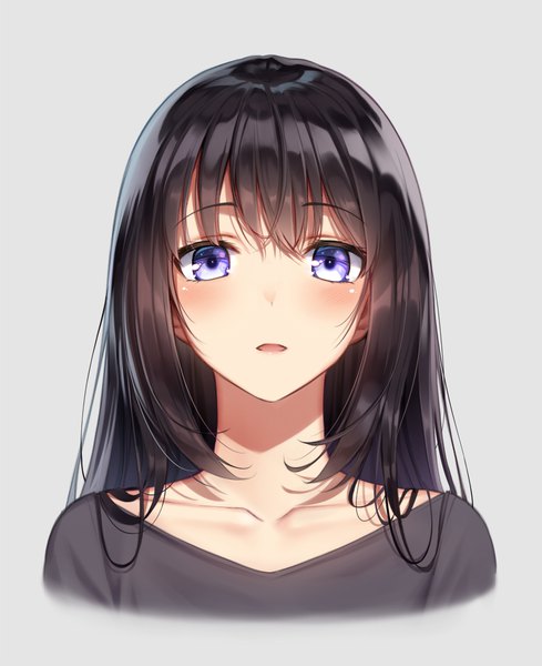 Anime picture 900x1105 with original superpig (wlstjqdla) single long hair tall image looking at viewer blush fringe open mouth black hair simple background hair between eyes purple eyes payot upper body grey background girl