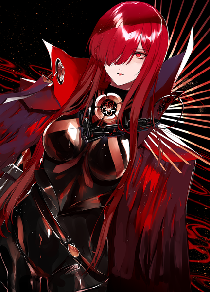 Anime picture 1800x2498 with fate (series) fate/grand order oda nobunaga (fate) (all) oda nobunaga (maou avenger) (fate) kuga huna single long hair tall image fringe highres red eyes standing looking away upper body red hair hair over one eye girl chain bodysuit