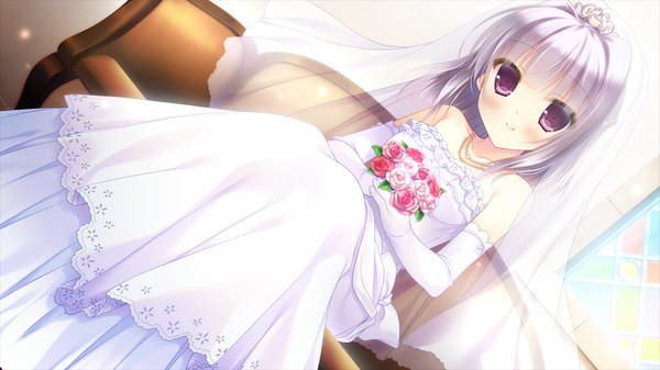 Anime picture 1024x576 with kimi e okuru, sora no hana nakajou an yukie (peach candy) blush short hair red eyes wide image game cg silver hair loli girl dress gloves flower (flowers) elbow gloves bouquet wedding dress