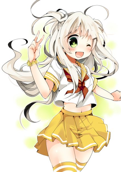 Anime picture 1000x1414 with original udukiasa (artist) single long hair tall image looking at viewer blush open mouth smile white background green eyes silver hair pleated skirt one eye closed wink midriff victory girl thighhighs navel
