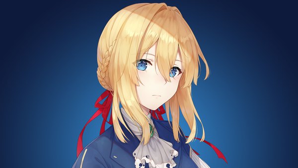 Anime picture 3840x2160 with violet evergarden kyoto animation violet evergarden (character) assassinwarrior ayuanlv single looking at viewer blush fringe highres short hair blue eyes simple background blonde hair hair between eyes wide image absurdres upper body braid (braids) hair bun (hair buns)