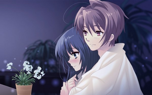 Anime picture 1920x1200 with flyable heart shirasagi mayuri katsuragi shou itou noiji long hair blush highres short hair blue eyes smile red eyes brown hair blue hair game cg ahoge profile couple hug girl boy