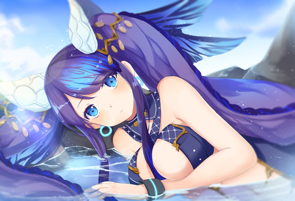 Anime picture 3000x2048 with sinoalice ningyou hime nomi (kurocxx110) single long hair looking at viewer fringe highres breasts blue eyes light erotic large breasts twintails bare shoulders purple hair outdoors head tilt partially submerged girl hair ornament