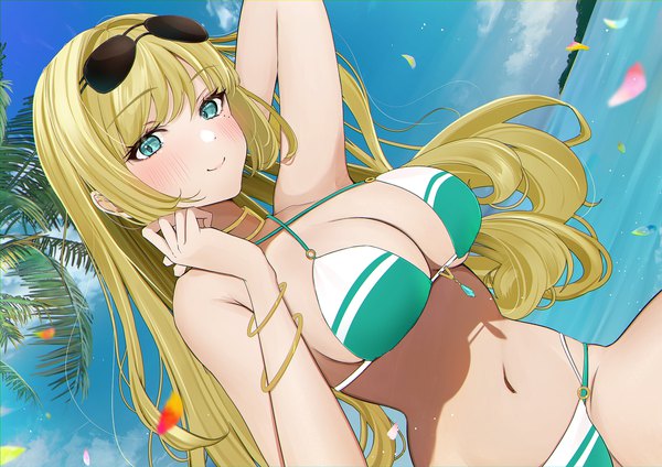 Anime picture 1920x1358 with original uiri-na single long hair looking at viewer blush fringe highres breasts light erotic blonde hair smile large breasts payot sky cleavage cloud (clouds) outdoors blunt bangs aqua eyes
