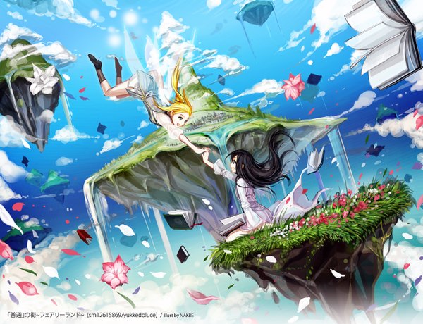 Anime picture 1329x1019 with original vocaloid fairyland (vocaloid) nakbe long hair open mouth black hair blonde hair sitting multiple girls sky cloud (clouds) profile wind holding hands flying waterfall floating island girl dress